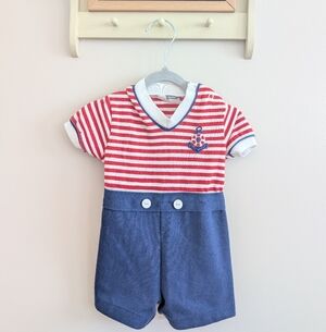 Vintage Striped Red and Blue Kids Romper